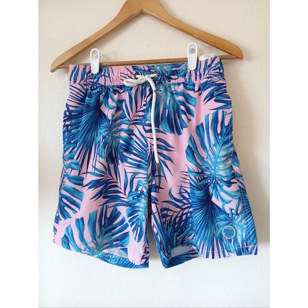 Island Haze Pool Party Hawaiian Print Swim Trunks Pink And Blue Palm Print